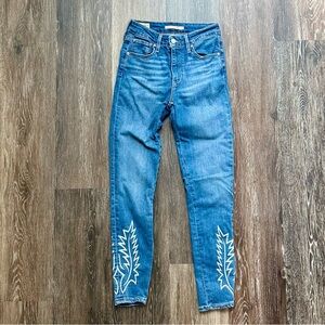 Levi's 721 High Rise Skinny Jeans White Western Leaf Embroidery Ankle Size 25